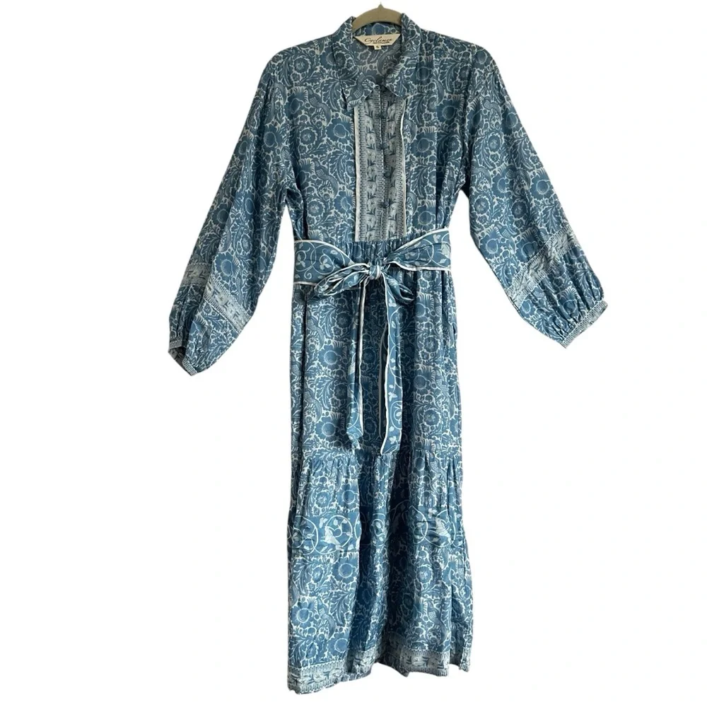 Cyclamen Jaipur Block Print Cotton Midi Dress Blue Peacock Prairie Cottagecore S
